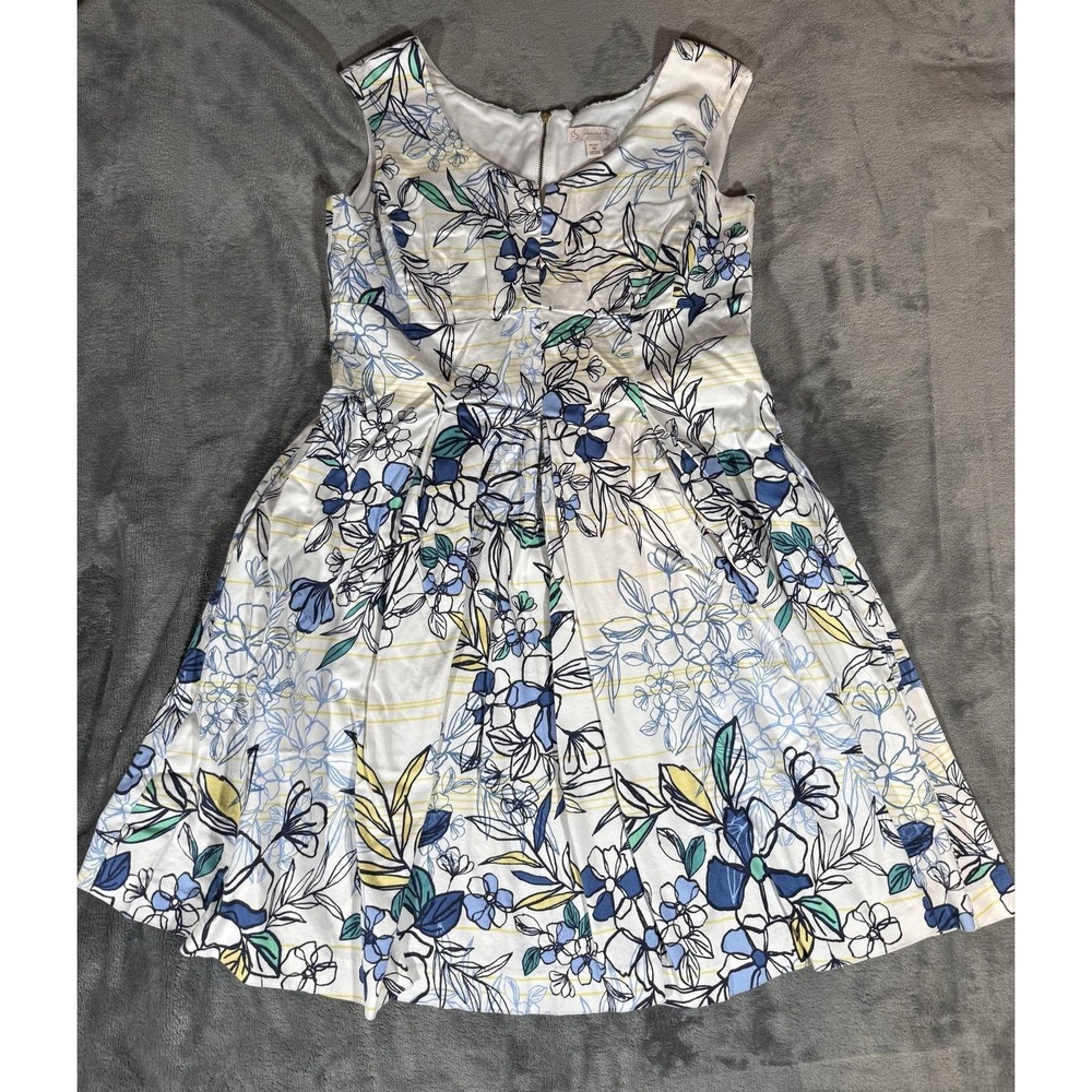 dressbarn White Midi Dress with Blue, Green & Yellow Floral Print
